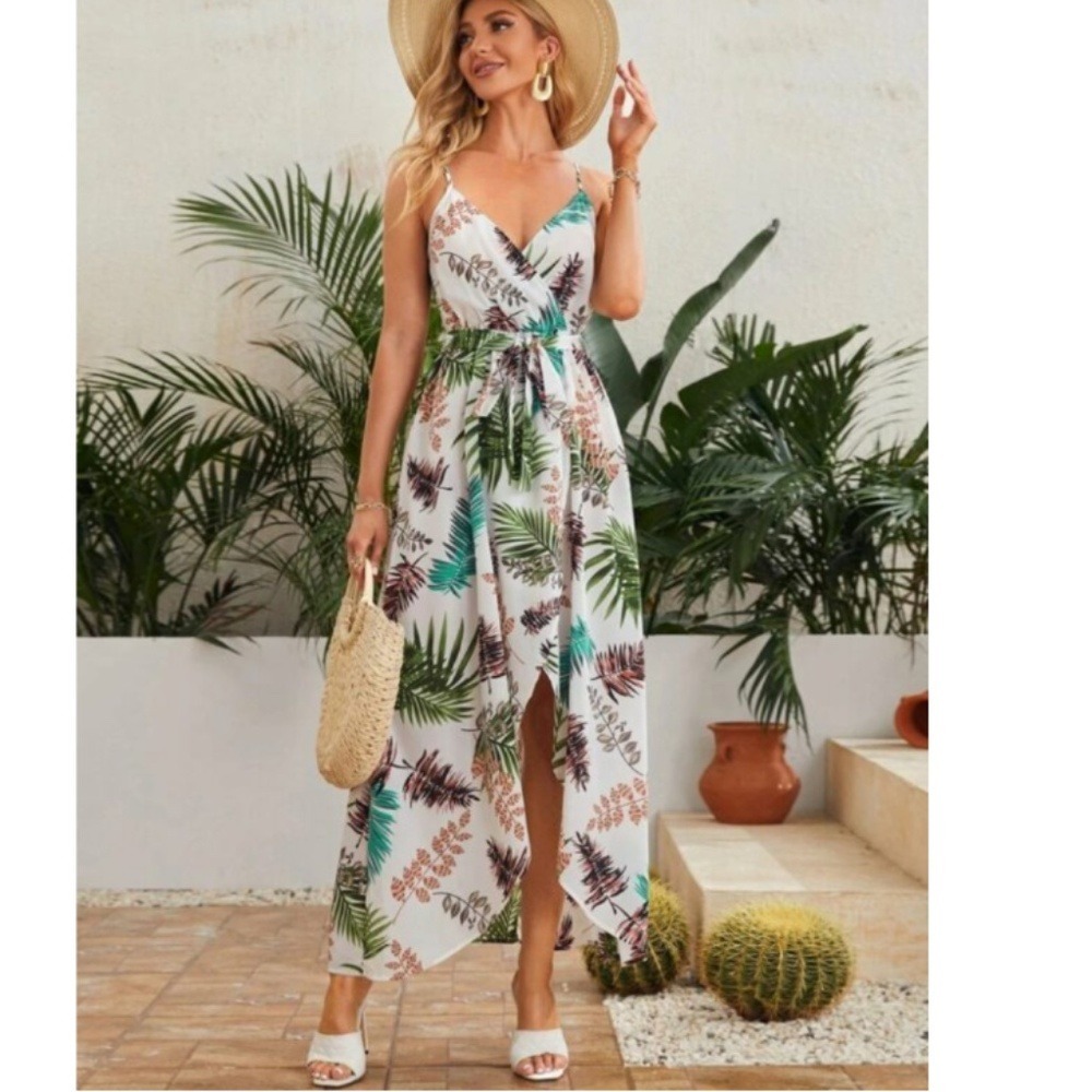 See‎ You Monday Tropical Maxi Dress Palm Leaf Wrap Women Large White Multi